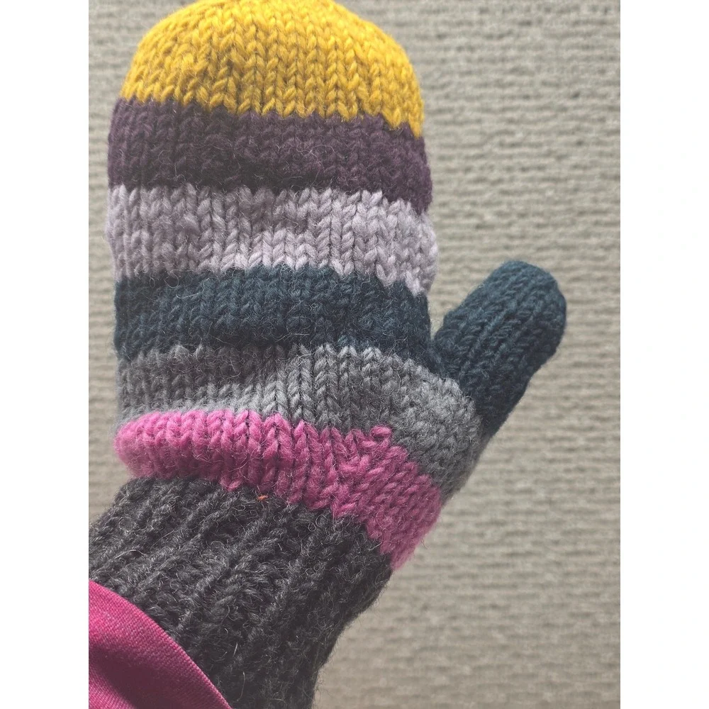 Handmade‎ Nepal 100% Wool Striped Mittens Fleece Lined Multi-Color Chunky Knit